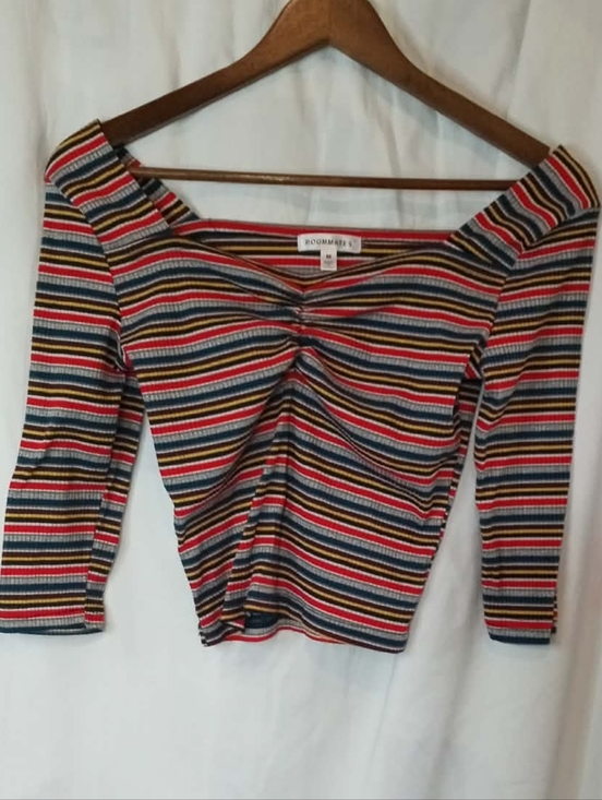 Roommates Tops - Roommates Striped Off-Shoulder Cropped Shirt Red Blue Yellow Black 70s 80s 90s M